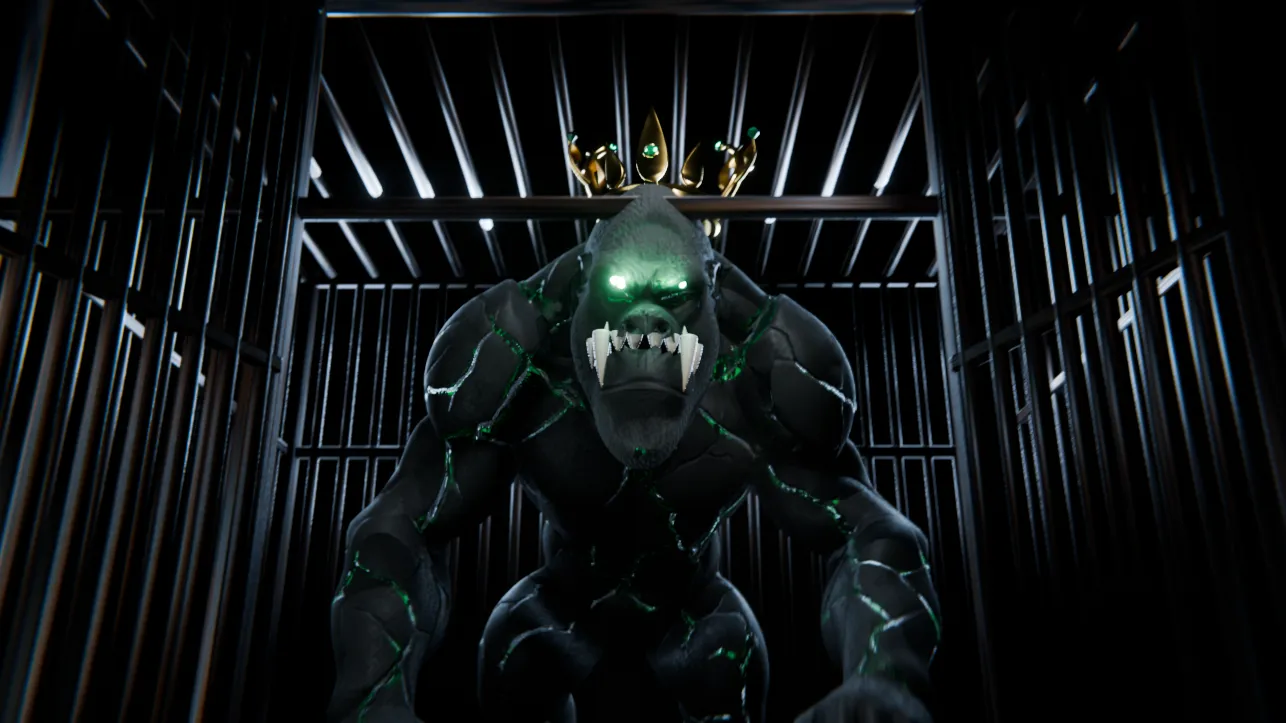 The crowned Stone God gorilla crouching inside an iron cage, eyes glowing green
