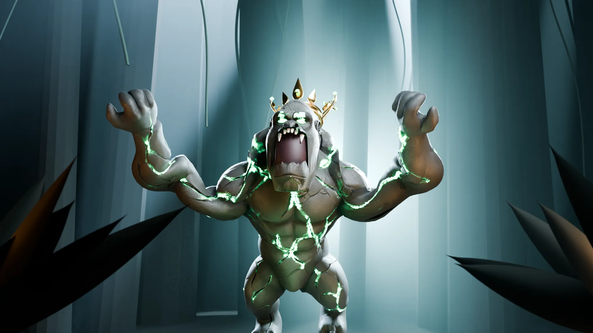 The Stone God gorilla roaring in a misty jungle, crowned in gold, emerald light glowing through cracks in his stone skin